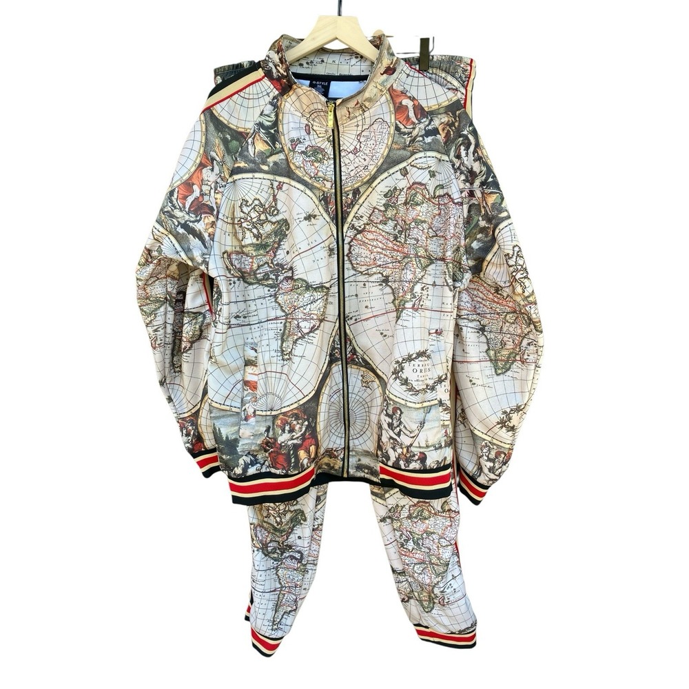 G-STYLE Mens 3XL World Map Vintage Gods 2-Piece Tracksuit Jacket Pants Set